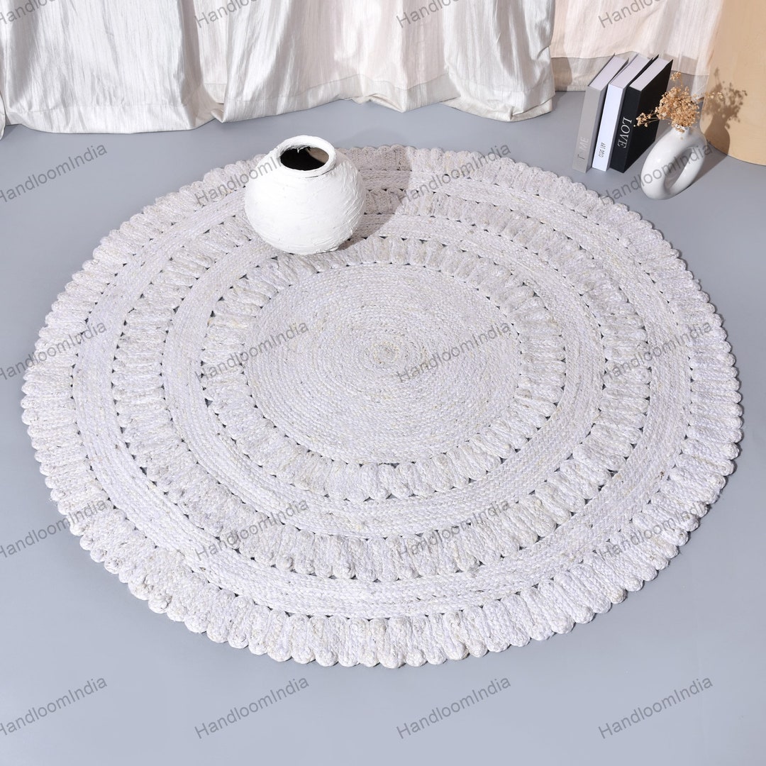 White Design Round Rug Round White Jute, Round Jute Rug, off White/ivory Rug, Braided Rug ...