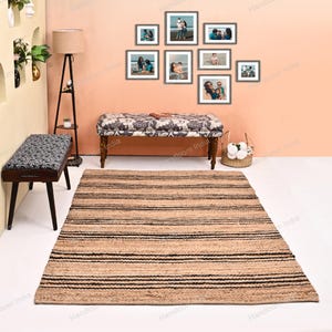 Gold Black Rug, Natural Jute Rug, Striped Pattern Rug, 5x5 Square Jute Rug for Living Room, Hand Knotted Jute Rug, Natural Hemp Rug Runner