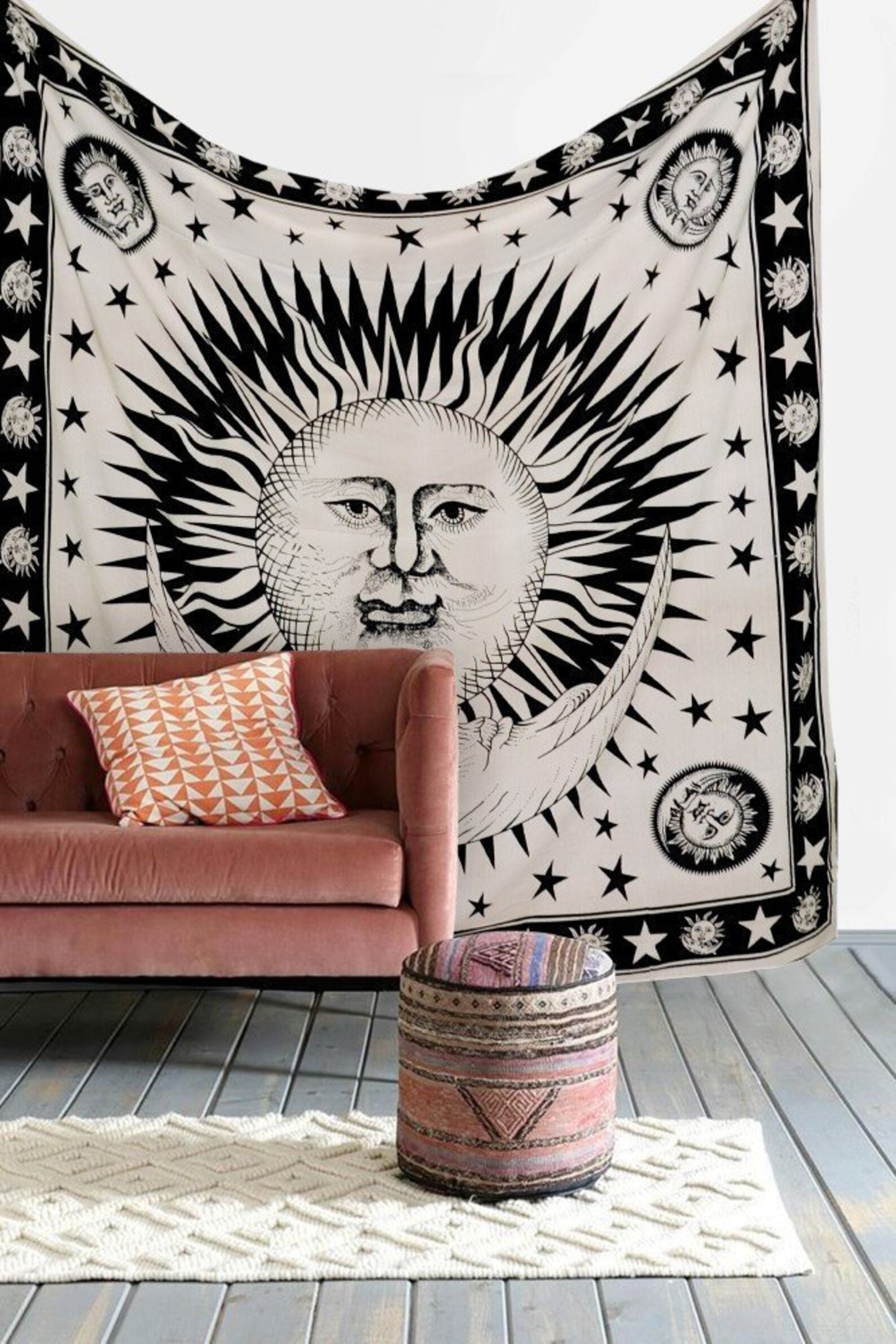 Black and White Tapestry Indian Sun & Moon Wall Hanging Etsy