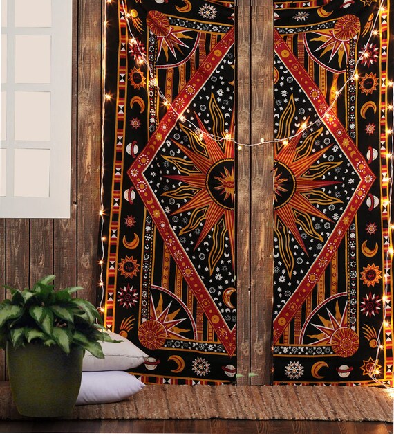 Burning Sun And Moon Mandala Curtains Bohemian Window Hanging Etsy