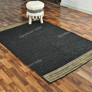 Black Jute Rug Runner, Black Carpet for Hall/Entryway, Extra Jute Area Rug, Jute Runner for Kitchen, Woven Jute Rugs for Bedroom 5X5