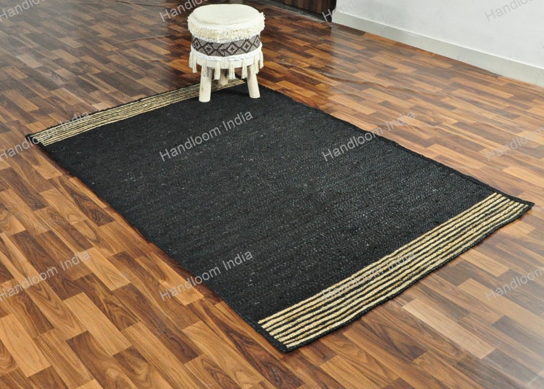 Black Jute Rug Runner, Black Carpet for Hall/Entryway, Extra Jute Area Rug, Jute Runner for Kitchen, Woven Jute Rugs for Bedroom 5X5
