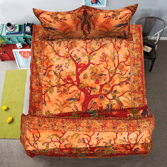 Orange Tree Of Life Bedding Set Indian Handmade Duvet Cover Etsy