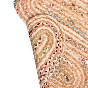 May include: Close-up of a natural fiber rug with a braided design. The rug features a mix of beige, brown, and colorful recycled fabric accents. The rug is rolled up, showing the texture and pattern.