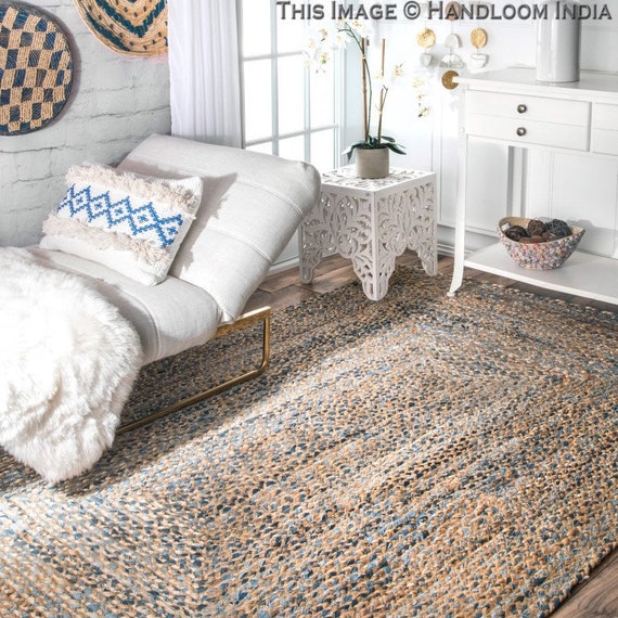 Handgetuft tapijt 5x7 denim jute tapijt voor woonkamer op maat