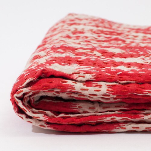 Red Bombay Ikat Kantha Throw Twin Size Quilt Kantha Bedding Bedspread Cotton @1 