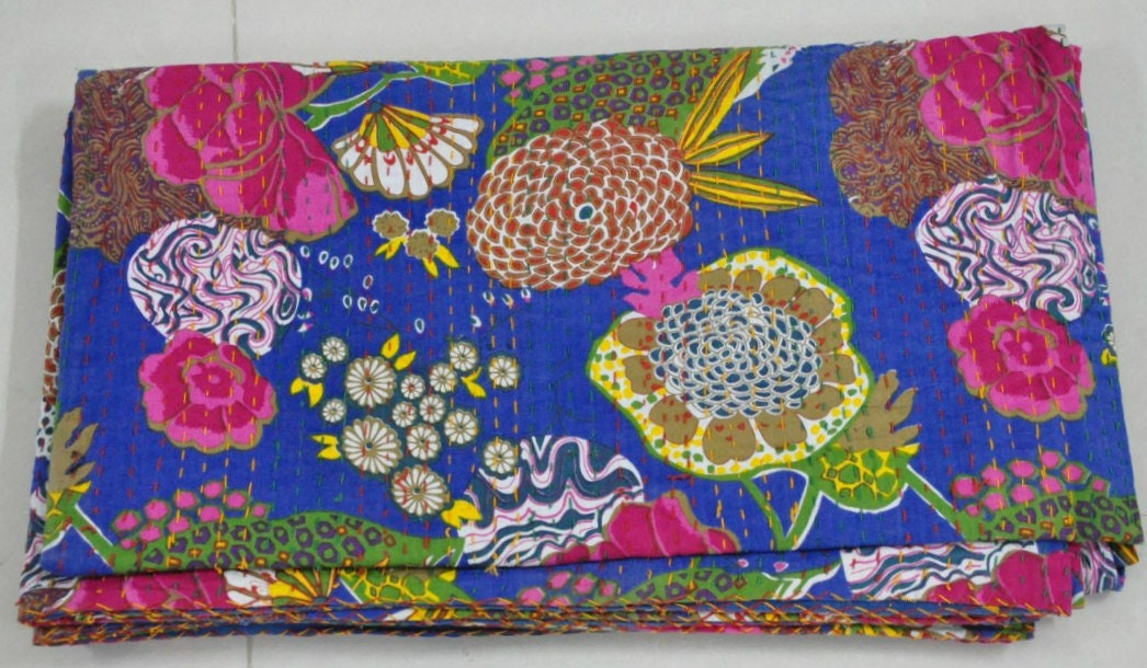 Navy Blue Kantha Quilt Extra Large Kantha Throw Indian Cotton Etsy