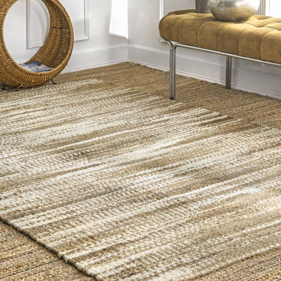 Abstract Pattern Rug, Beige White Rug, Natural Jute Rug, Braided Jute Runner, Natural Hemp Rug