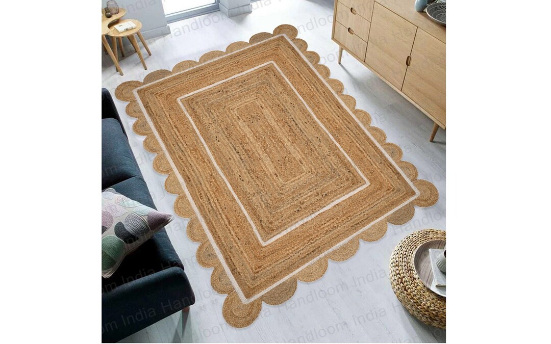 Rectangle Jute Rug, Scalloped Jute Rug 5x5 for Dining Table, Braided