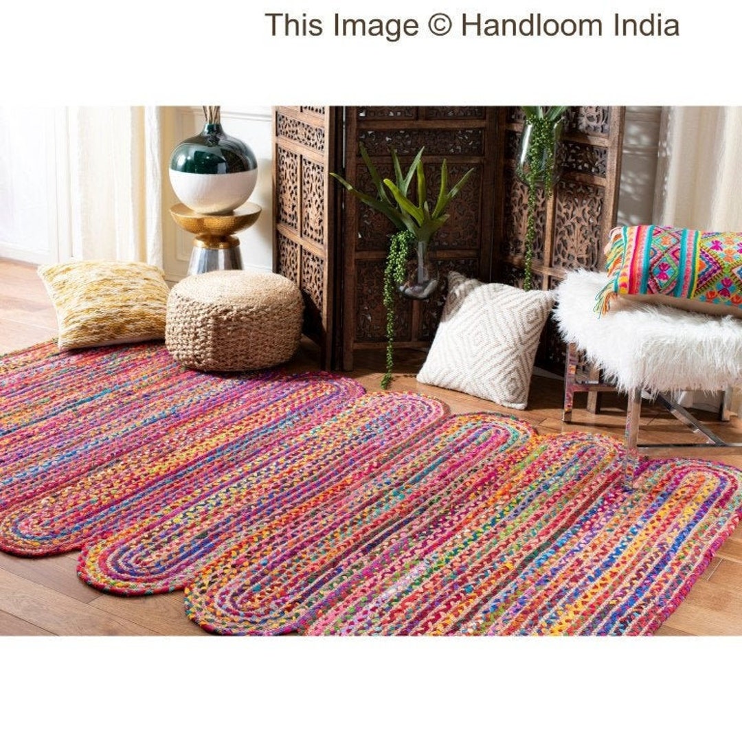 Aakriti Gallery Fair Trade Handmade Jute Rag Rug Chindi Rug Multi Colored  Indian Mat Recycled Rug Boho Decorative Rug (4 feet)