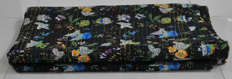 Black Floral Kantha Quilt Queen Size Indian Kantha Bedspread Blanket Boho Kantha Throw Fair Trade Kantha Bedding Coverlet Indian Quilt