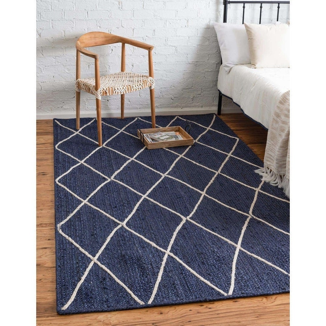 Navy Jute Rug Geometric Jute Rug Heavy Duty Area Rug Etsy