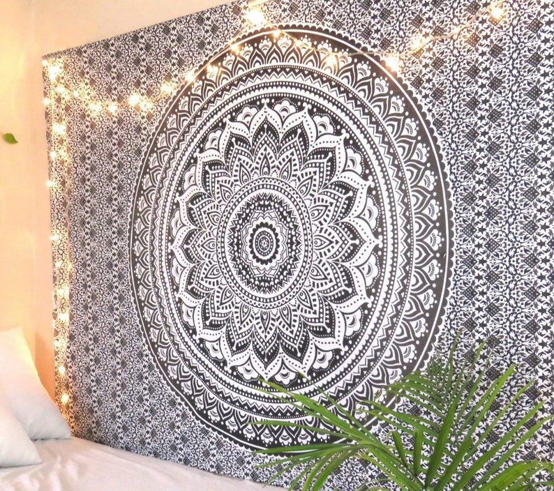 Gray Black Mandala Tapestry Cheap Dorm Room Tapestries Ombre Etsy