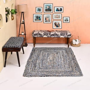 Hand Tufted Rug, Denim Jute Rug for Living Area, Denim Runner for Hall, Custom Braided Rug, Bohemian Area Rug, Denim Yoga Mat, Jute Bath Rug