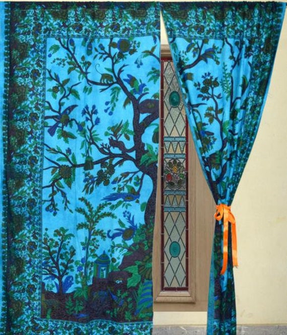 Indian Elephant Tree of Life Twin Size Door Window Curtain Hanging Ethnic Decor 