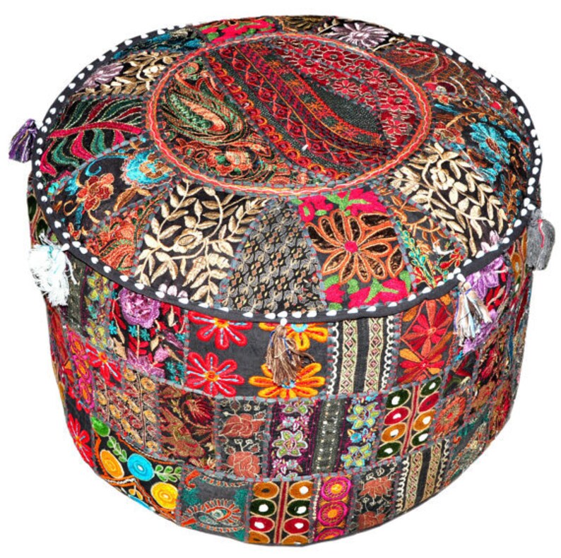 Pouf Indiano Rajasthali - Sgabello Patchwork Vintage 58x33 Cm - Tessuto Cotone Artigianale