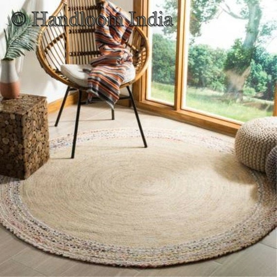 8 Feet Round Braided Area Rug, Living Room Area Carpet, 5 Feet