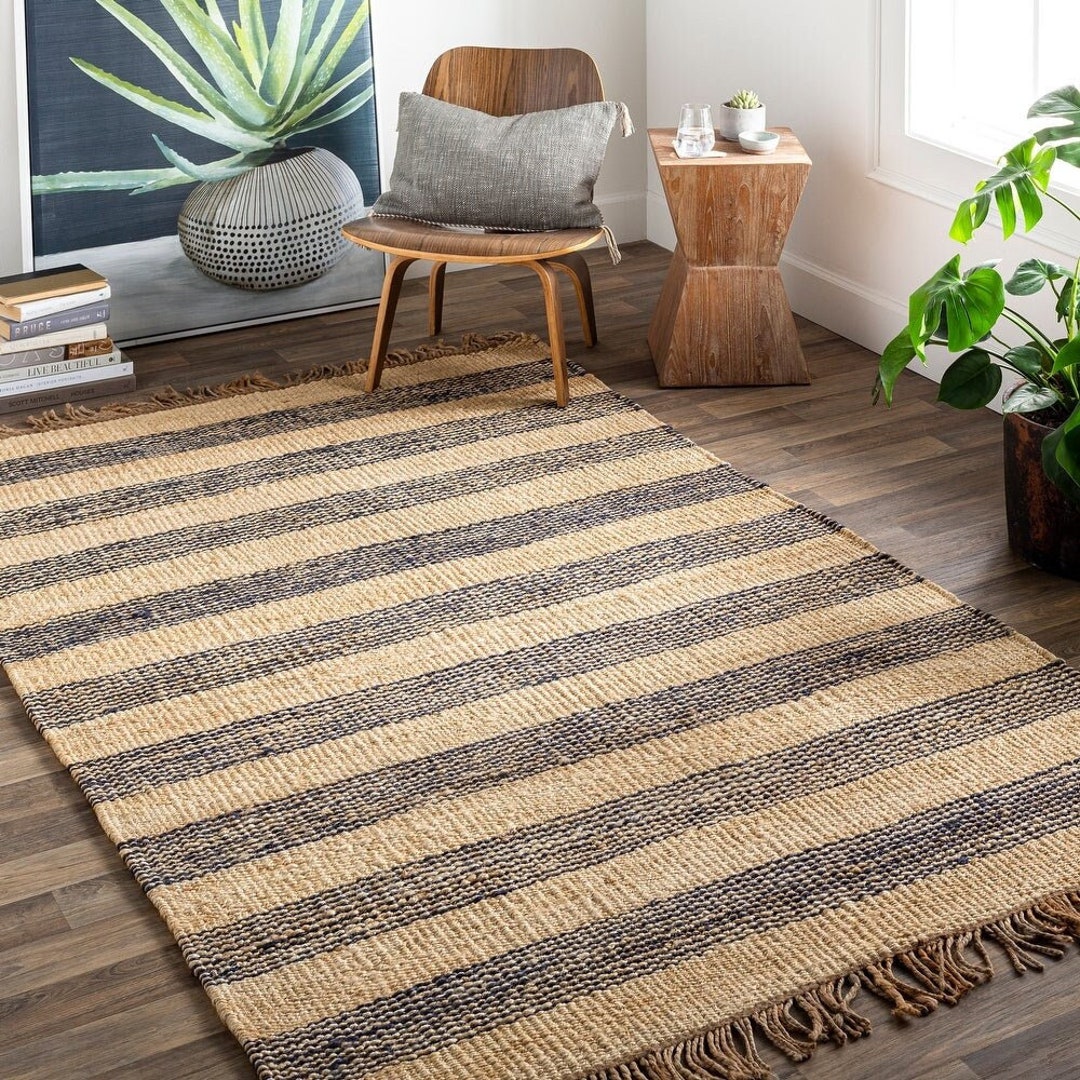 Hemp Area Rug 8x10 Navy Striped Rug Natural Jute Carpet Etsy