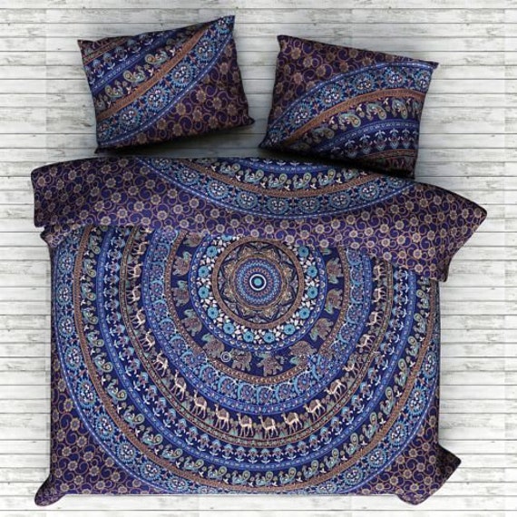 Indian Elephant Mandala Printed Cotton Bed Sheet With Pillow Coverlet Bed Cover 