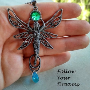 Fairy Pendant Necklace – Fantasy Jewelry with Green and Blue Crystals – Enchanted Wings Fairy Gift