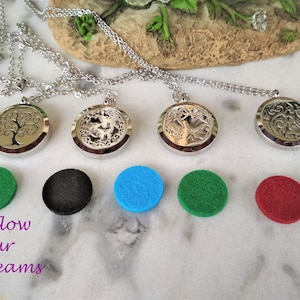 Essential Oil Diffuser Necklace – Stainless Steel Aromatherapy Locket with Felt Pads – Tree of Life, Moon & Fairy Designs