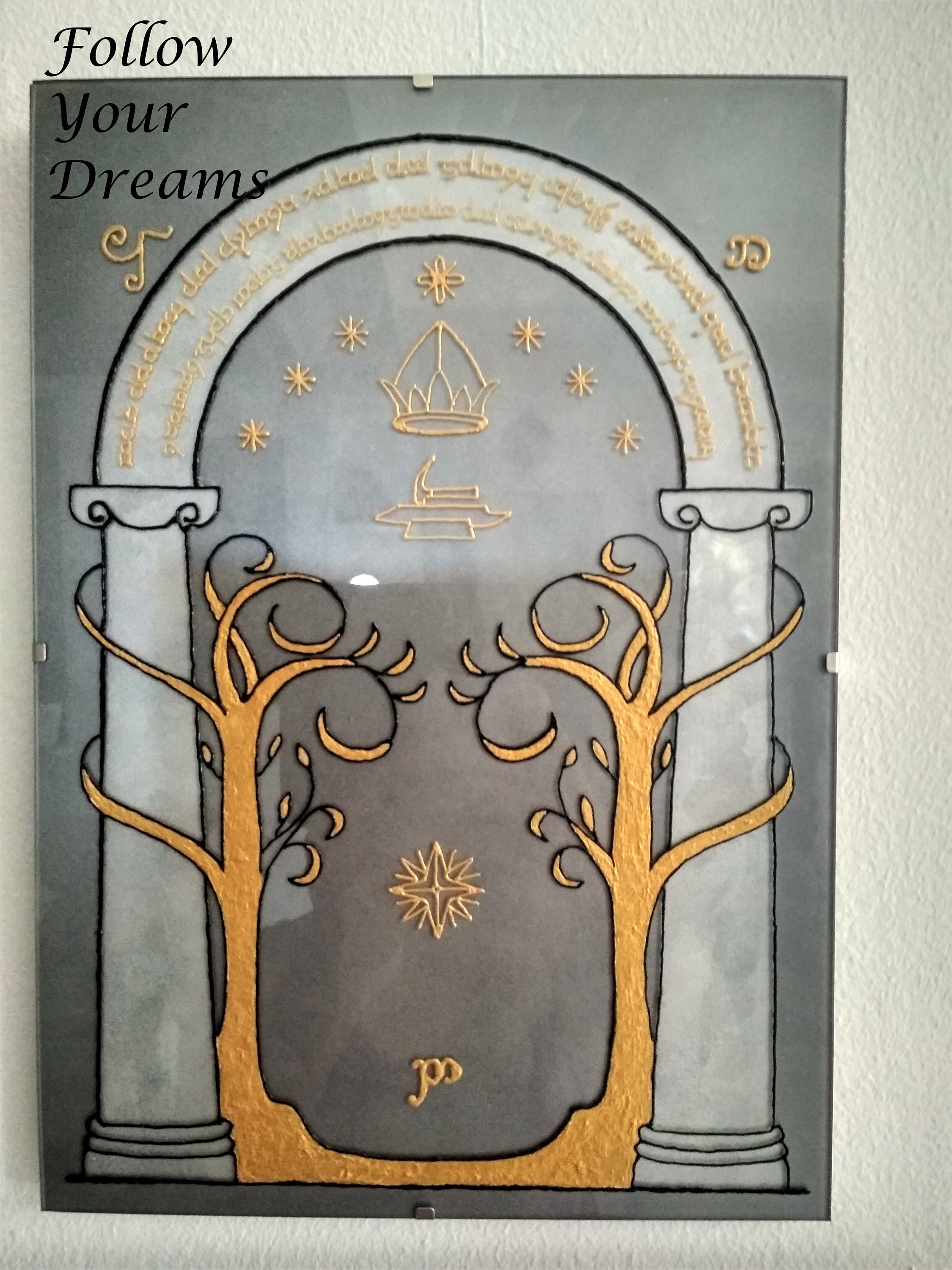 Handmade glass painting frame/Door of Moria/Doors of Durin/ Etsy