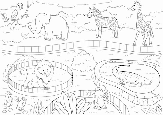 Download Zoo Animals Large Printable Coloring Poster For Kids | Etsy