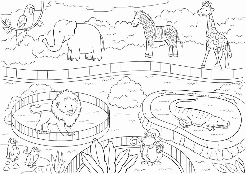 Download Zoo Animals Large Printable Coloring Poster For Kids | Etsy