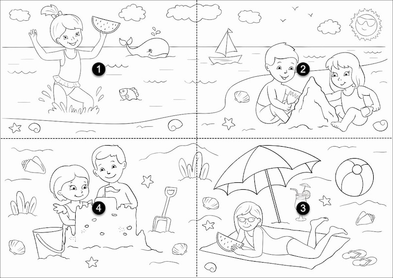 Printable Coloring page Spacial Summer Price Summer at the Beach 4 Parts Instant Download A2/A4 Printable Coloring Page image 2