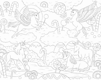 Printable Coloring Page - Unicorn In Candy World - 4 Parts Coloring Poster - Instant Download - A2/A4 - Black&White Printable Page