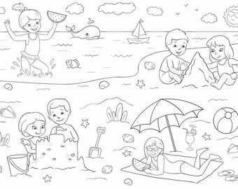 May include: A black and white illustration of children playing on a beach. One child is building a sandcastle, another is playing in the water, and another is relaxing under an umbrella. There is a whale swimming in the ocean, a sailboat in the water, and a beach ball on the sand.