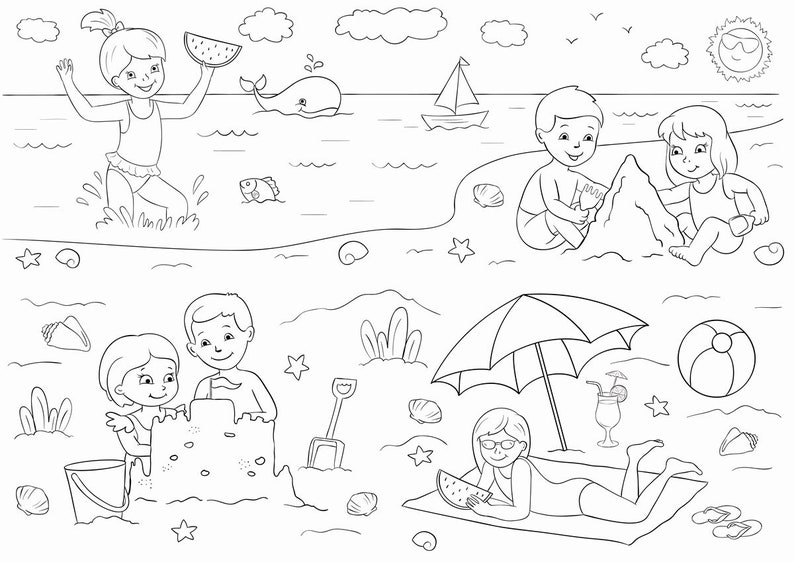 Printable Coloring page Spacial Summer Price Summer at the Beach 4 Parts Instant Download A2/A4 Printable Coloring Page image 1