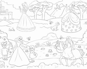 Princessess Magical World - Large Printable Coloring Poster For Kids - Instant Download - A2/A4 Printable Coloring Page