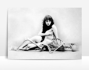 The Vamp, Silent Film Actress, Theda Bara with Skeleton, Hollywood, Gothic Reprint, Monochrome Photograph & Poster