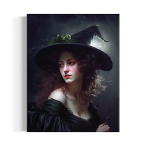 Cottagecore Witchy Woman in Black Hat with Magic Wand Oil Painting, Moody Gothic Decor, Dark Academia, Occult Witch Whimsigoth Aesthetic 4RD