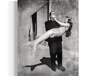 Frankenstein & Mermaid, Glenn Strange and Ann Blyth Print, Vintage Photograph Gothic Wall Decor Mermaid Pin Up Hollywood Glamour Poster 2RD