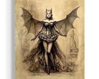 Ilustración de terror gótico de una mujer, disfraz de murciélago victoriano, alas de murciélago, arte mural melancólico, impresión vintage, decoración estética oscura, espeluznante 16RD