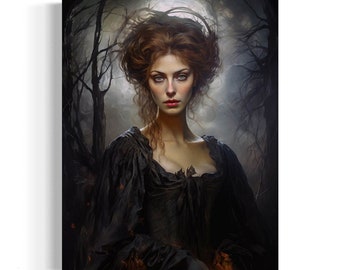 Moody Gothic Decor, Witchy Woman in Dark Forest Oil Painting, Moon Goddess, Witch Poster, Dark Academia Occult Witch Witchcore Aesthetic 6RD