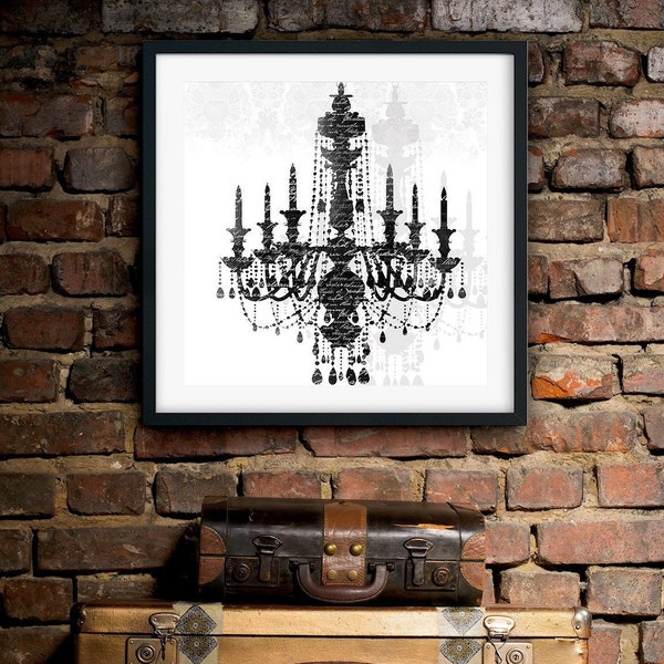 Ornate Chandelier Silhouette Wall Art Print with Old Text