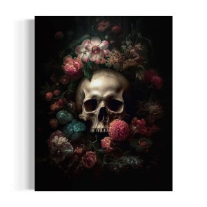 Gothic Antique Flower Skull Painting, Skeleton Head With Pink and Blue Floral Oil Painting, Dark Academia Decor, Dark Botanical Art 21RD