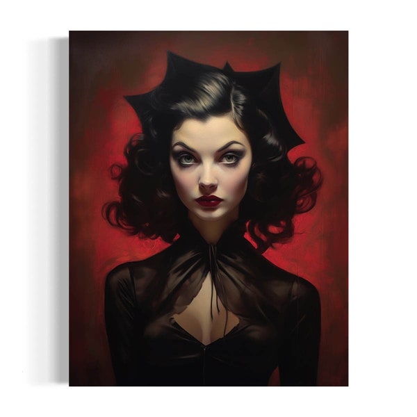 Raven Haired Femme Fatale, Feminine Noir Print, Vampire Aesthetic Decor, Retro Aesthetic, Pop Art, Hollywood Glamour, Women Empowerment 39RD