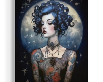 Decoración de pared de tatuajes, Diosa de la luna de pelo de cuervo, Estampado gótico femenino, Estética retro, Art Déco, Glamour de Hollywood, Empoderamiento de las mujeres 23RD