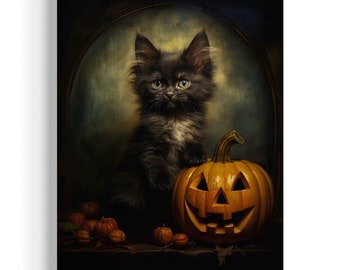 Black Cat and Jack O' Lantern Pumpkin Wall Art, Halloween Kitten, Witchy Kitchen Decor, Moody Aesthetic, Animal Antique Oil Painting 28RD