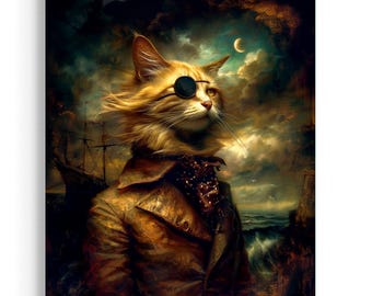 Sea Captain Cat Art Print – Pirate Cat Portrait, Nautical Wall Art, Whimsical Animal Print, Ocean Adventure Decor, Vintage Style 122AS