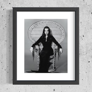 Gothic Queen Carolyn Jones as Morticia Addams in her Throne Wicker Peacock Chair, Vintage Photograph Halloween Poster Fall Decor
