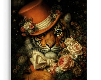 Whimsical Tiger Portrait Print | Floral Tiger Wall Art, Dark Academia Animal Decor, Vintage Storybook Tiger, Maximalist Botanical Art JC344