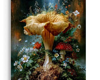 Golden Woodland Mushroom Art Print | Enchanted Forest Botanical Wall Decor | Whimsical Cottagecore Nature | Moody Mushroom  JC425