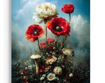 Whimsical Poppy & Mushroom Art Print | Cottagecore Botanical Wall Decor | Moody Floral Fantasy Illustration | Enchanted Garden Nature  JC416