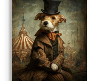 Victorian Circus Dog Wall Art Print – Whimsical Terrier Portrait Dark Academia Decor JC361