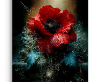 Moody Red Poppy Art Print | Dark Botanical Floral Wall Decor | Romantic Cottagecore Flower | Dramatic Vintage Inspired Nature JC424